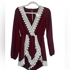 Papaya Burgundy Romper with White Lace